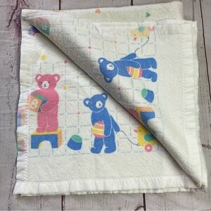 Vintage Baby Crib Blanket Teddy Bears & Toys Print White Acrylic Satin Trim USA